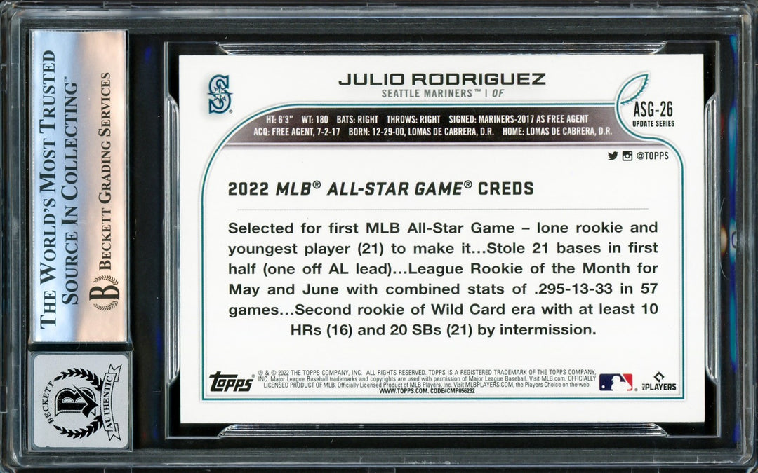 Julio Rodriguez Signed 2022 Topps All Star RC #ASG-26 Mariners Auto 10 Beckett