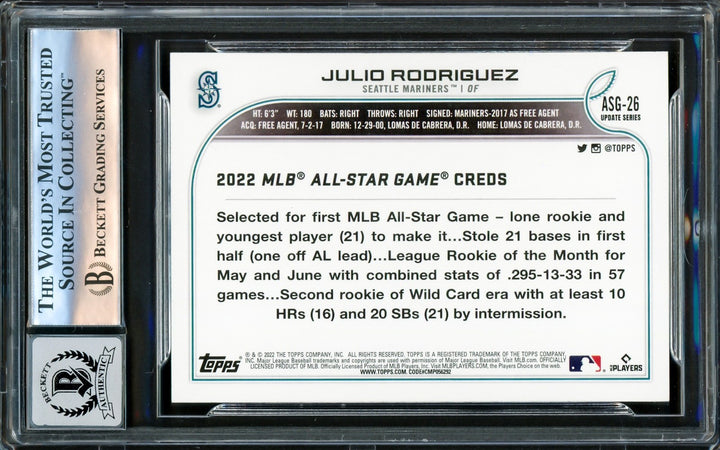 Julio Rodriguez Signed 2022 Topps All Star RC #ASG-26 Mariners Auto 10 Beckett