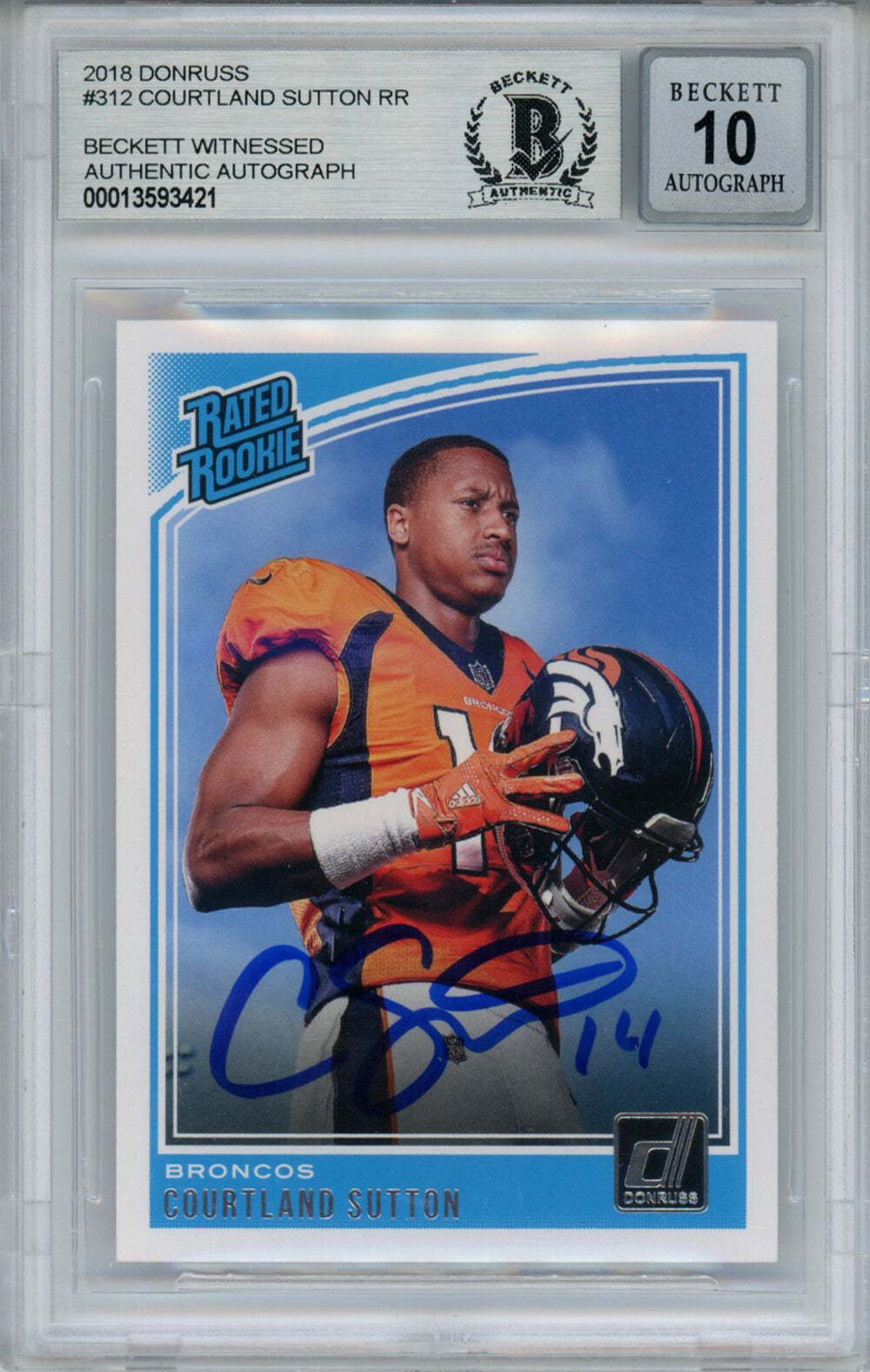 Courtland Sutton Signed 2018 Donruss #312 Rookie Card Beckett 10 Slab 35012