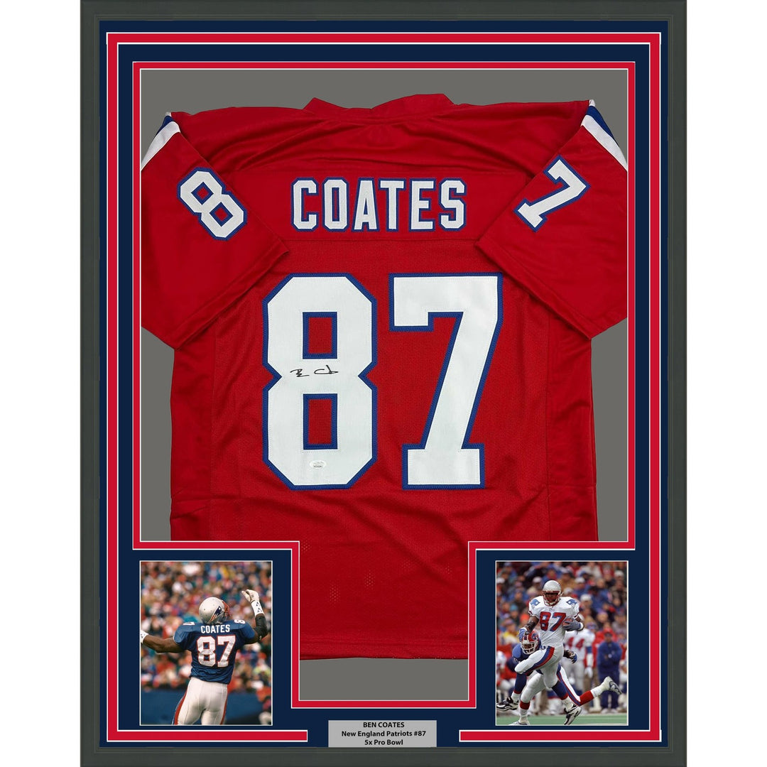 Framed Autographed/Signed Ben Coates 35x39 New England Red Jersey JSA COA