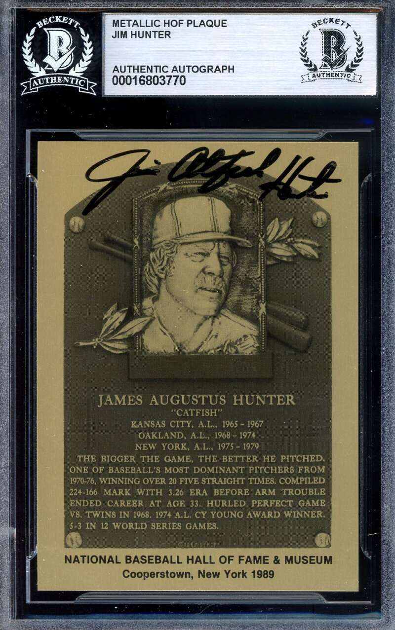 Jim Hunter Beckett BAS Signed Gold Metallic Hall of Fame Plaque Autograph