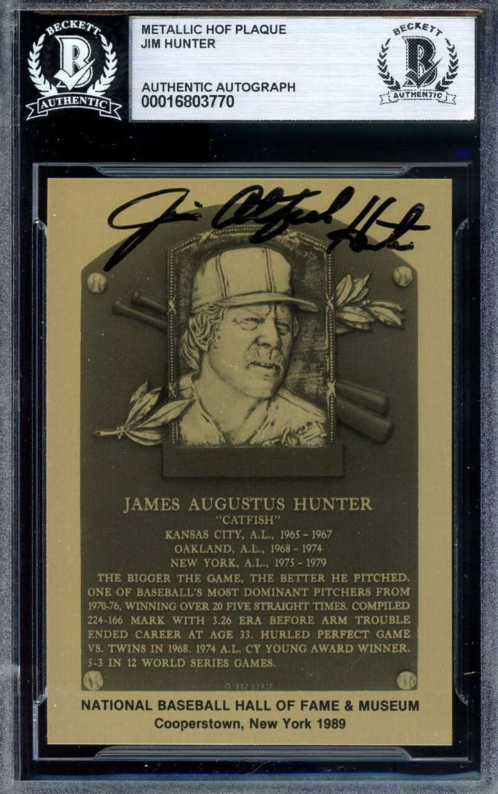 Jim Hunter Beckett BAS Signed Gold Metallic Hall of Fame Plaque Autograph