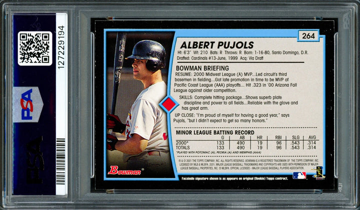 Albert Pujols Auto 2001 Bowman RC 264 St. Louis Cardinals PSA 7 Sig 10 PSA/DNA