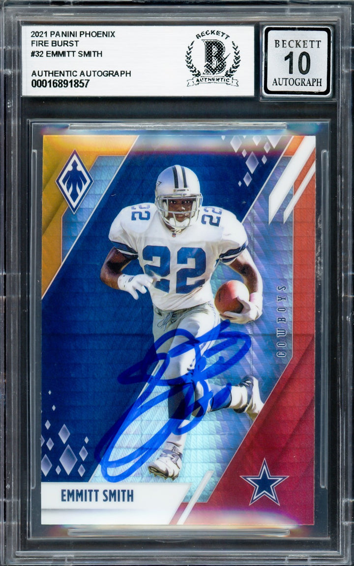 Emmitt Smith Auto 2021 Panini Phoenix Fire Burst Card 32 Cowboys Sig 10 Beckett