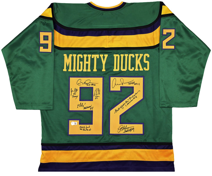 The Mighty Ducks Cast Signed Green Hockey Sweater Jersey 8 Sigs Beckett Witness