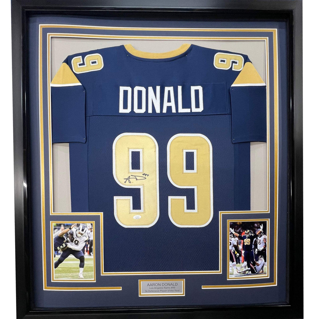 FRAMED Autographed/Signed AARON DONALD 33x42 Los Angeles LA Blue Jersey JSA COA