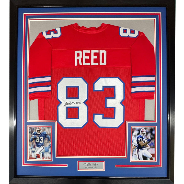 Framed Autographed/Signed Andre Reed 33x42 Buffalo Red Jersey PSA/DNA COA