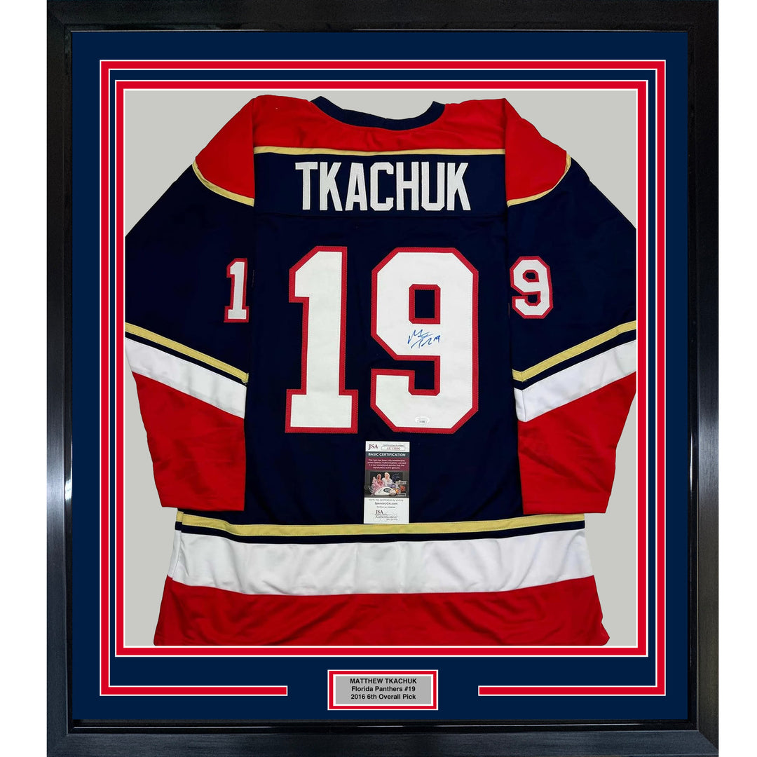 Framed Autographed/Signed Matthew Tkachuk 35x39 Florida Blue Jersey JSA COA