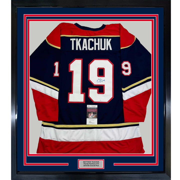 Framed Autographed/Signed Matthew Tkachuk 35x39 Florida Blue Jersey JSA COA