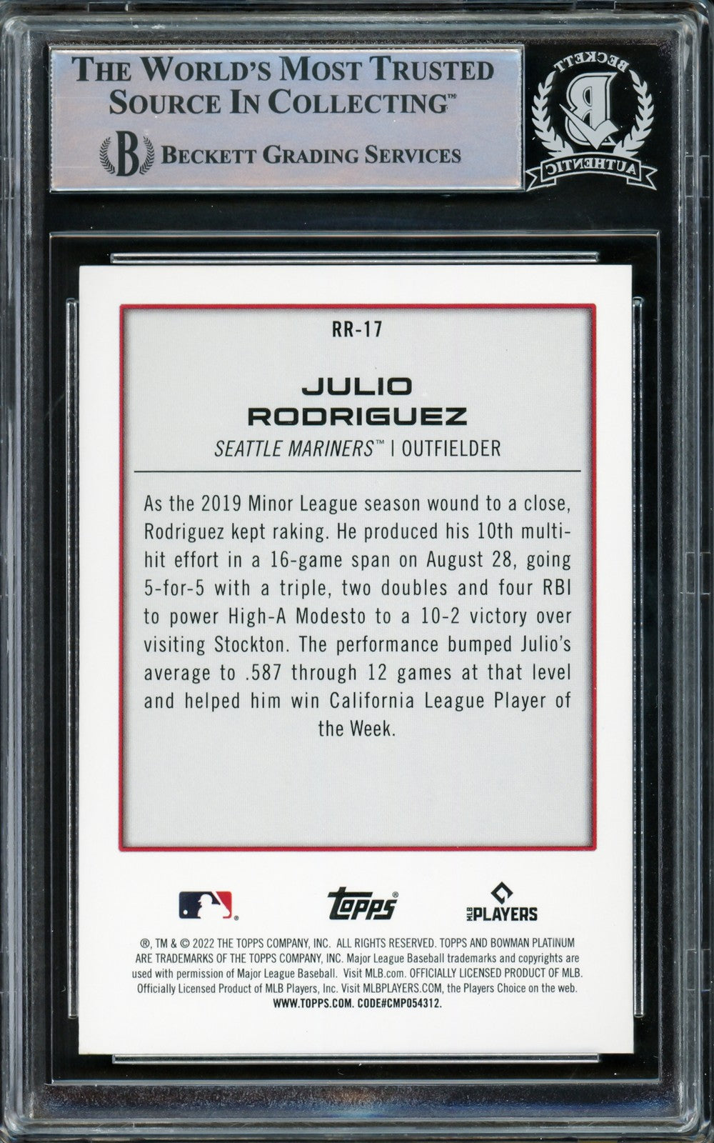 Julio Rodriguez Signed 2022 Bowman Platinum Renowned Rookies RC #RR17 Mariners