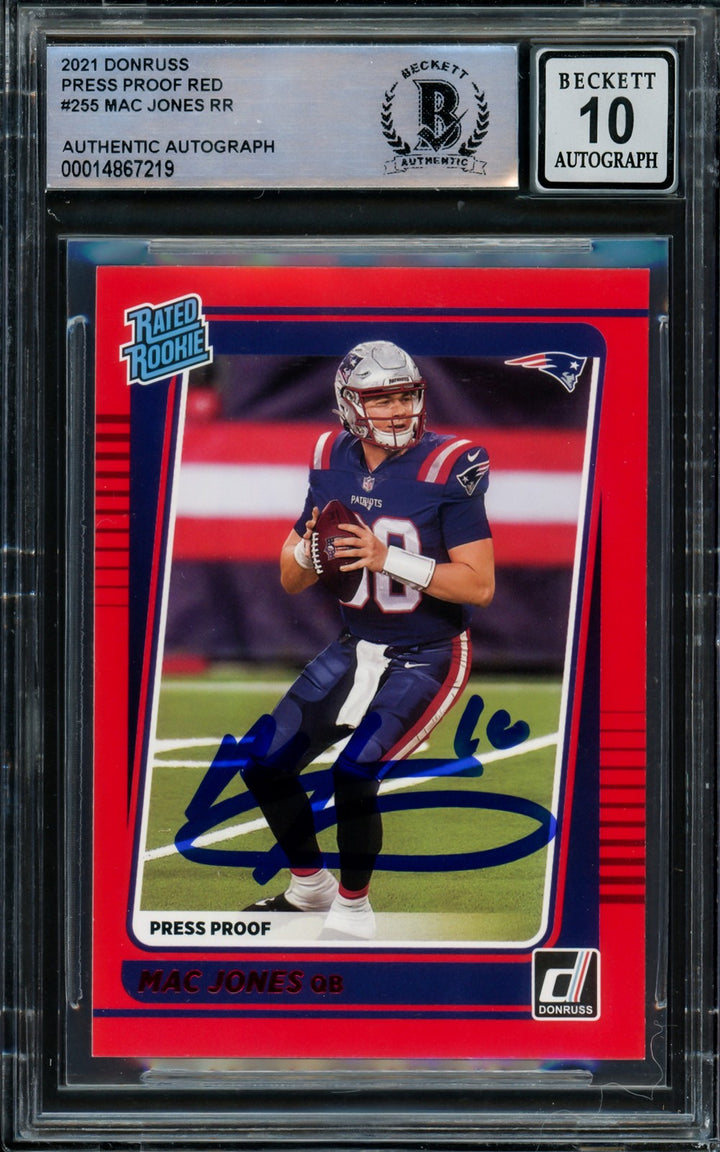 Mac Jones Signed 2021 Donruss Rated Rookie Red Press Proof RC 255 Sig 10 Beckett