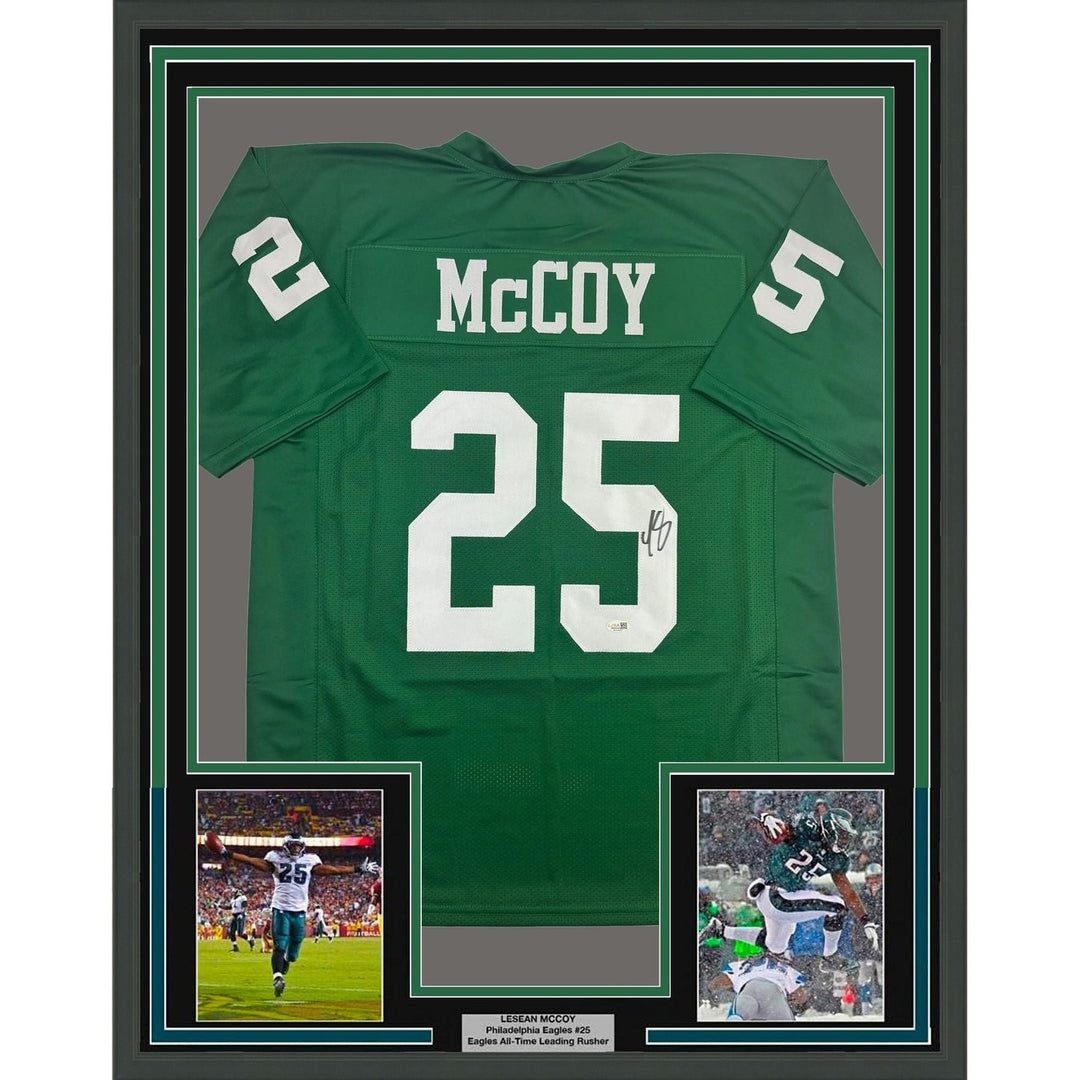 Framed Signed LeSean McCoy 35x39 Philadelphia Kelly Green Jersey JSA COA