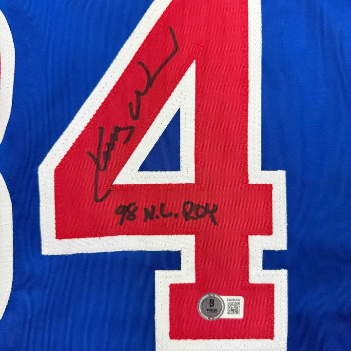 Framed Autographed/Signed Kerry Wood 98 ROY 35x39 Blue Jersey Beckett COA