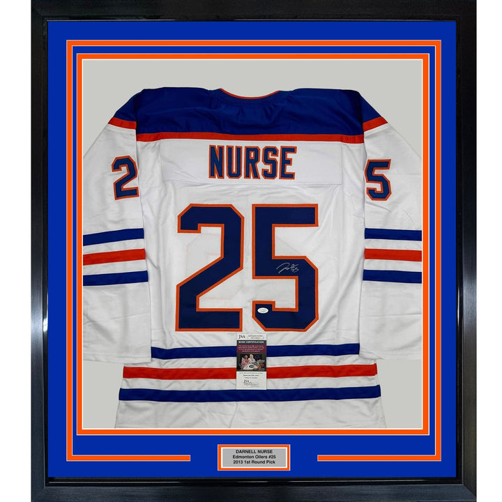 Framed Autographed/Signed Darnell Nurse 35x39 Edmonton White Jersey JSA COA