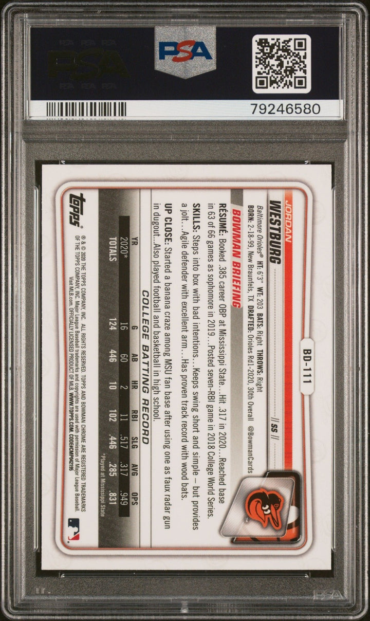 Graded 2020 Bowman Draft Jordan Westburg #BD111 Chrome RC Card PSA 10