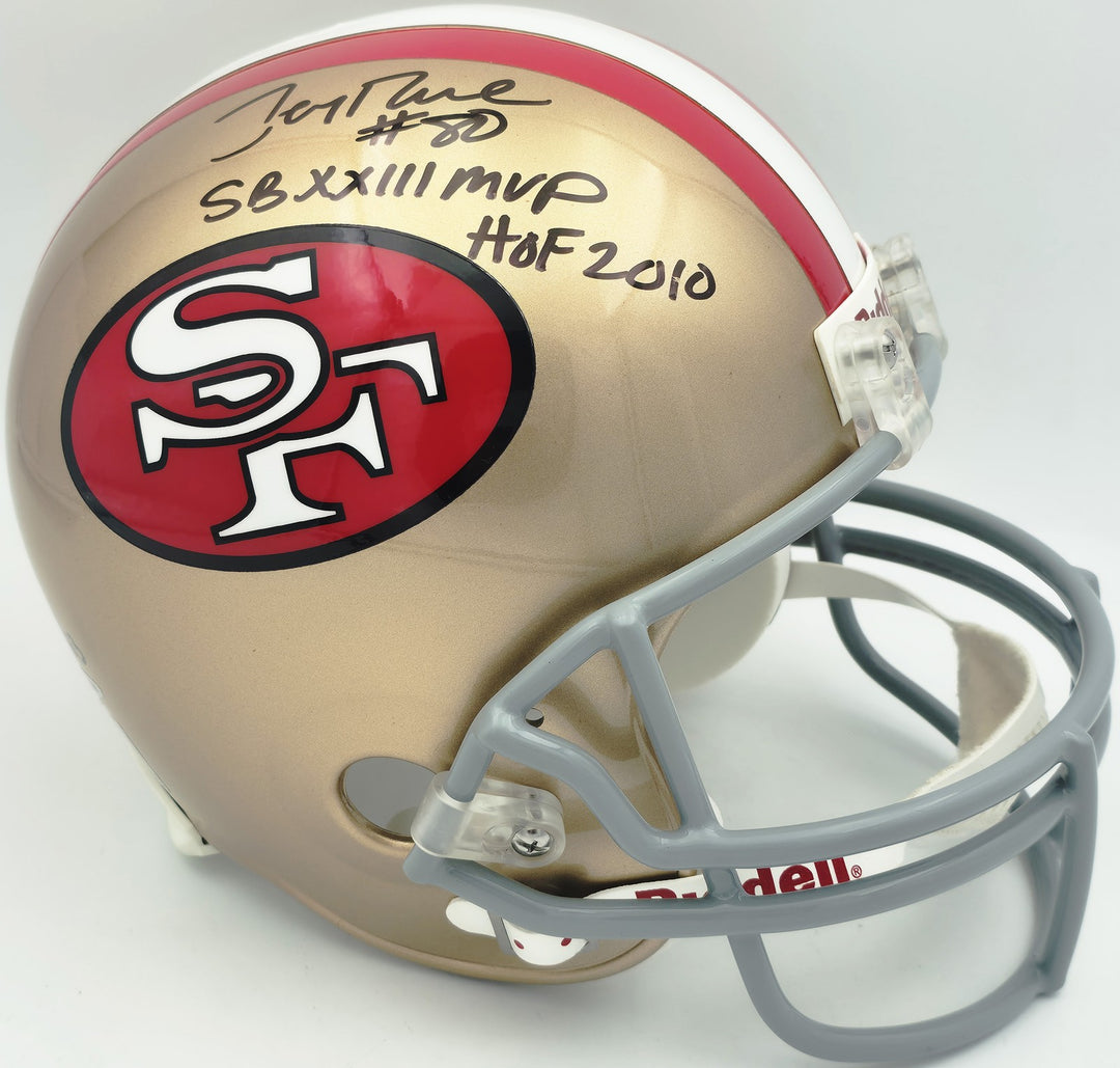 Jerry Rice Auto 49ers Gold Full Size Replica Helmet "SB MVP HOF 2010" #/23 UDA