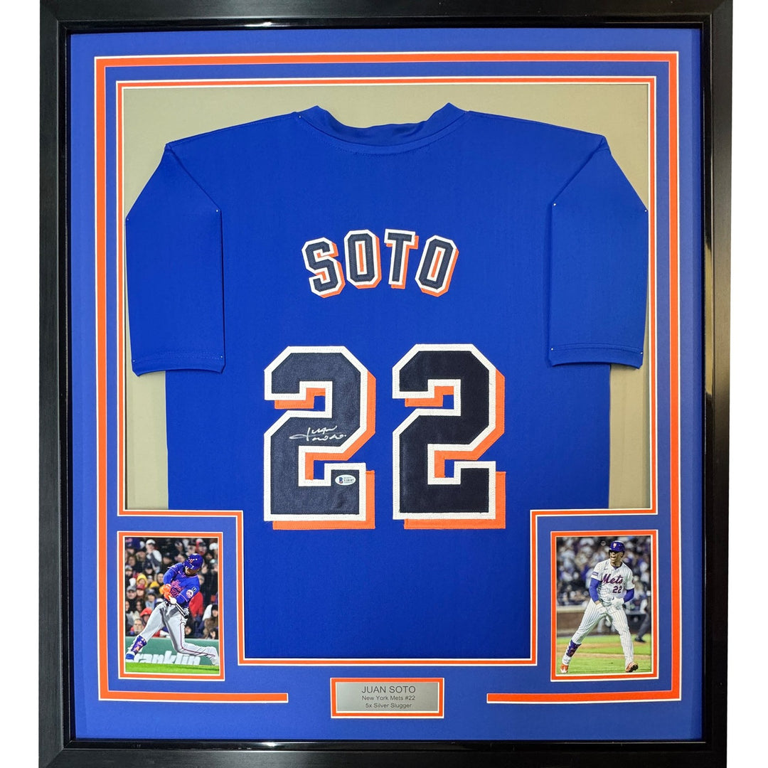 Framed Autographed/Signed Juan Soto 35x39 New York Blue Jersey Beckett COA