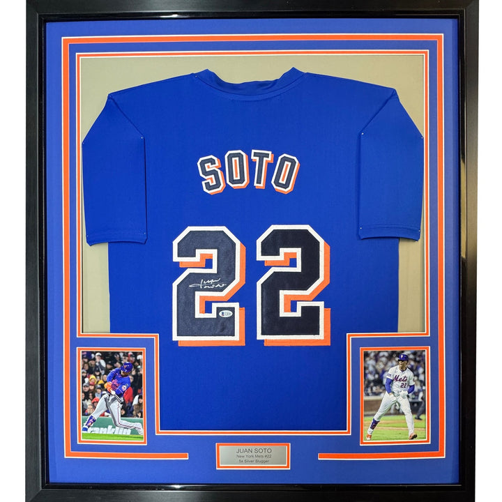 Framed Autographed/Signed Juan Soto 35x39 New York Blue Jersey Beckett COA