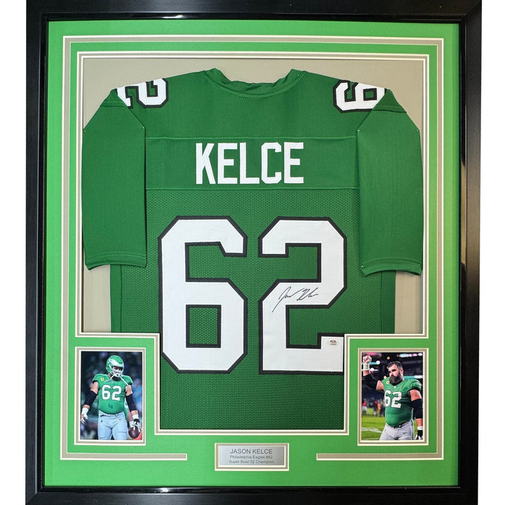 Framed Autographed/Signed Jason Kelce 35x39 Kelly Green Jersey PSA/DNA COA