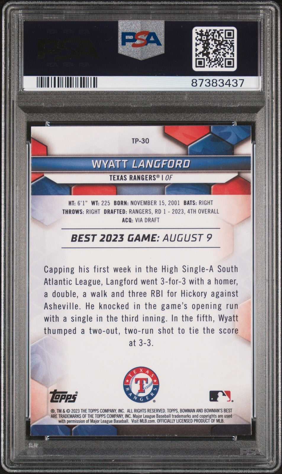 Graded 2023 Bowmans Best Wyatt Langford #555 Top Pros RC Card PSA 10