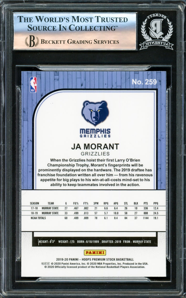 Ja Morant Signed 2019-20 Hoops Premium Stock RC 259 Memphis Grizzlies Beckett