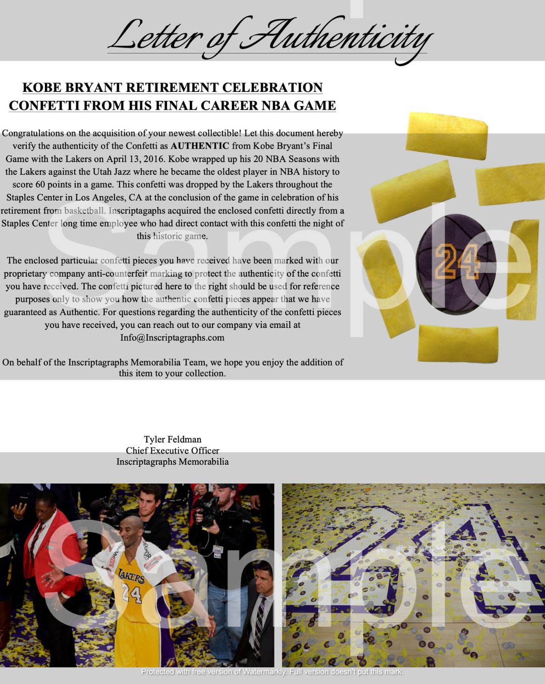 Kobe Bryant Autographed & Final Lakers Game Used Confetti Framed #D 1/1 UDA COA