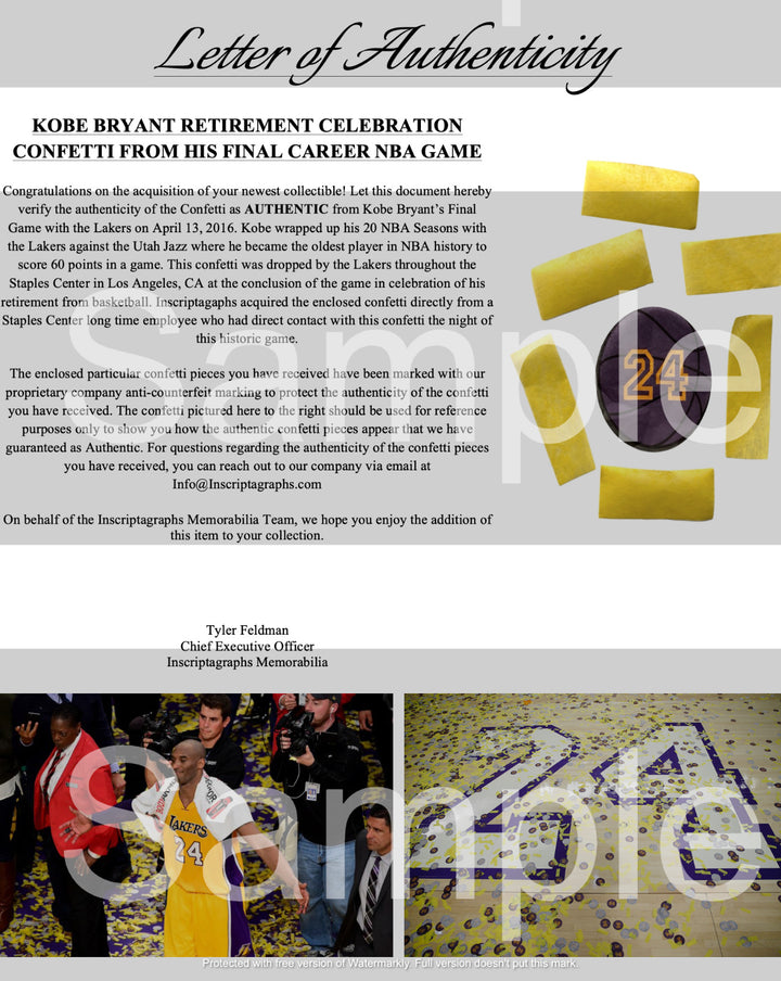 Kobe Bryant Autographed & Final Lakers Game Used Confetti Framed #D 1/1 UDA COA