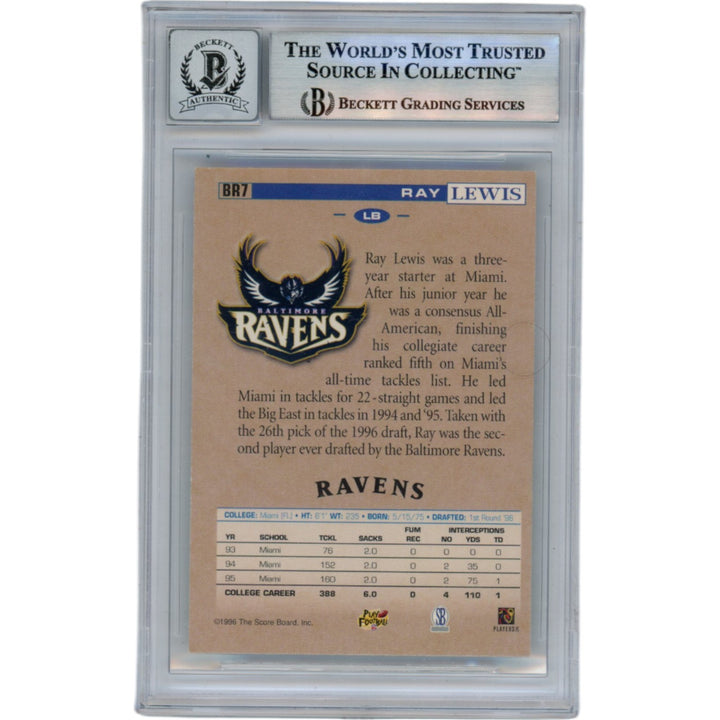 Ray Lewis Autographed 1996 Scoreboard #BR7 Slabbed Trading Card Beckett 50030