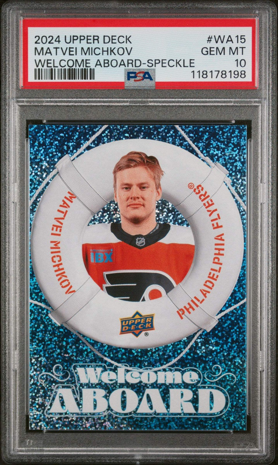 Graded 2024 UD Matvei Michkov #WA15 Welcome Aboard Speckle RC Hockey Card PSA 10