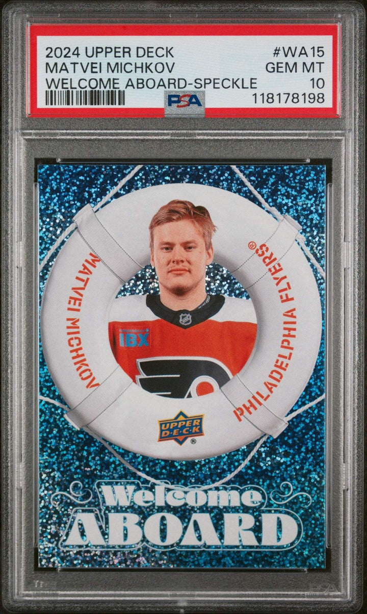 Graded 2024 UD Matvei Michkov #WA15 Welcome Aboard Speckle RC Hockey Card PSA 10