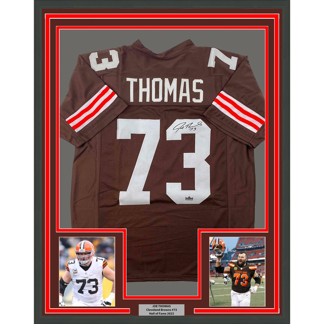 Framed Facsimile Autographed Joe Thomas 33x42 Brown Reprint Laser Auto Jersey