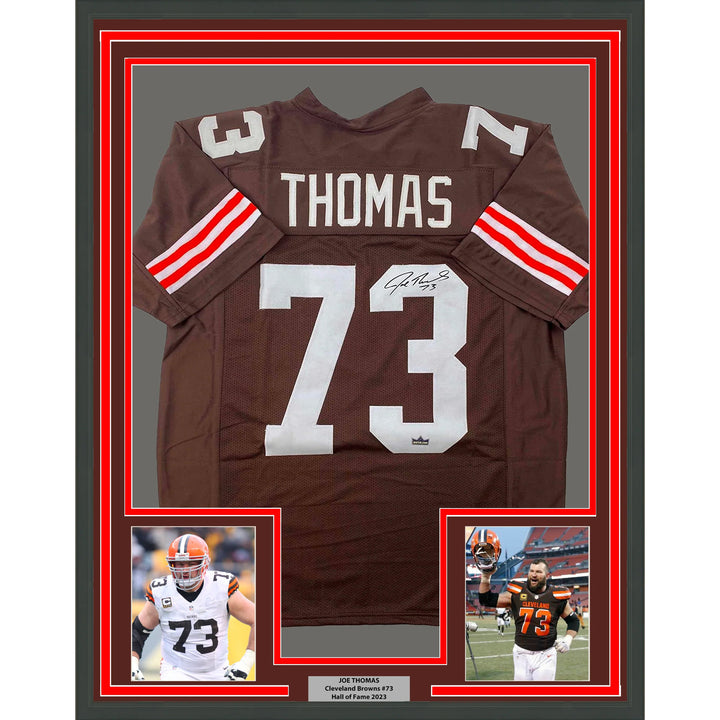 Framed Facsimile Autographed Joe Thomas 33x42 Brown Reprint Laser Auto Jersey