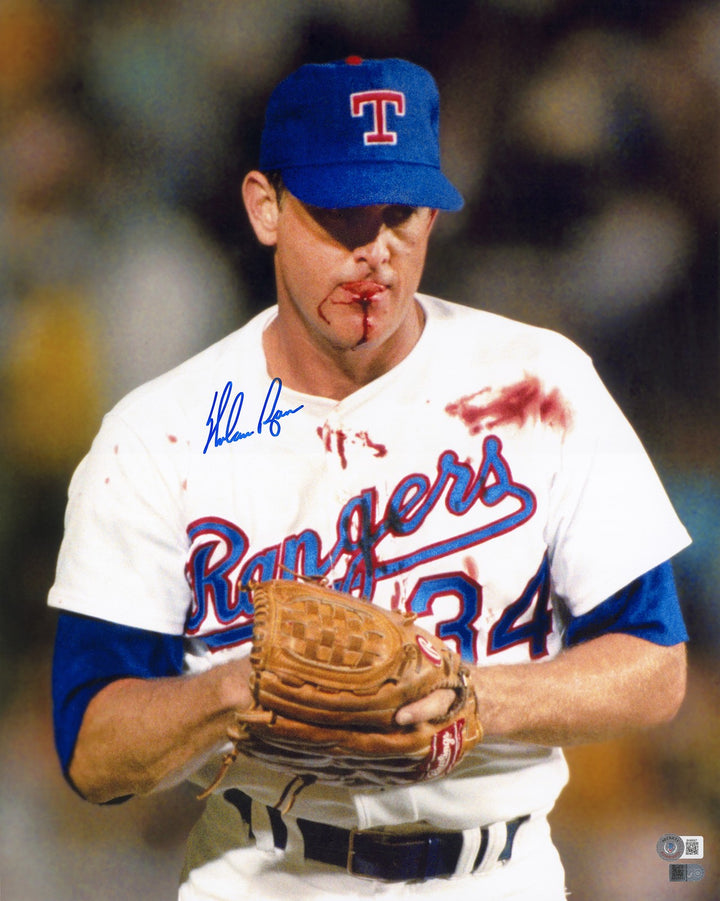 Nolan Ryan Signed Framed 16x20 Photo Texas Rangers Bloody Beckett BAS QR