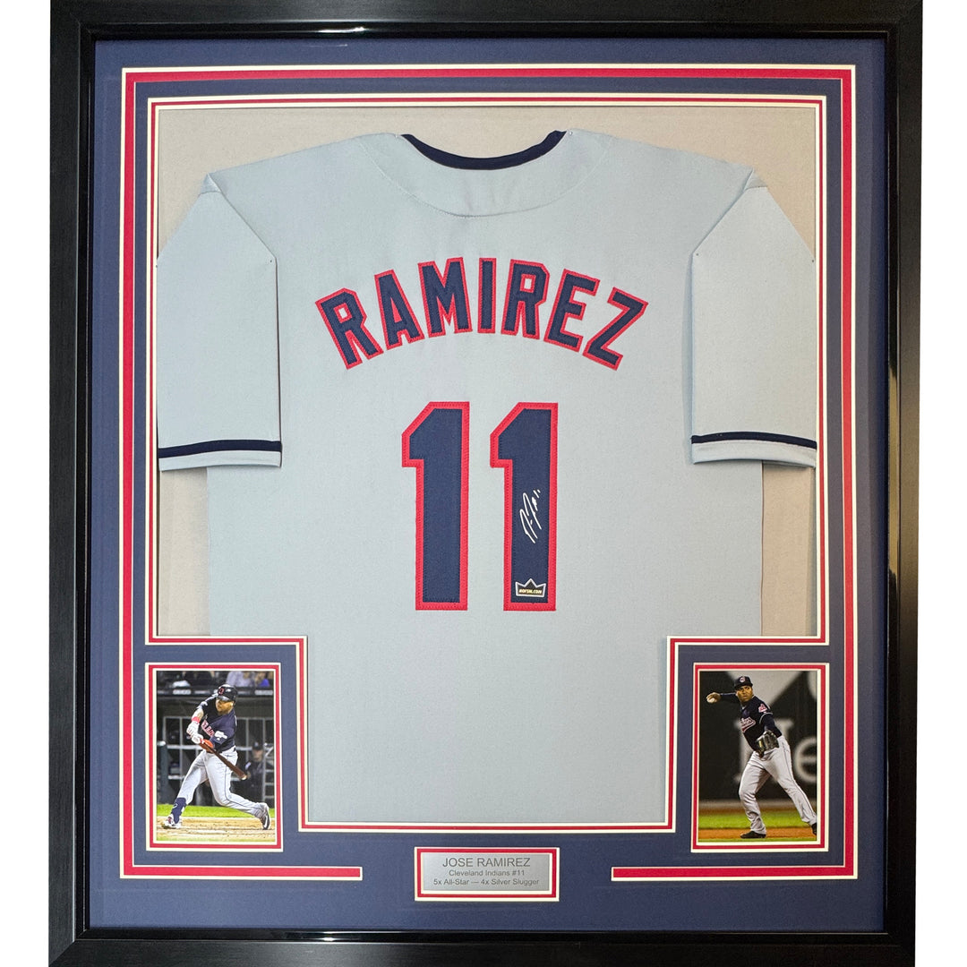 Framed Facsimile Autographed Jose Ramirez 33x42 Grey Reprint Laser Auto Jersey