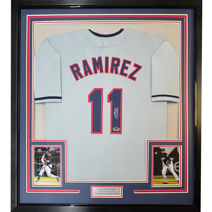 Framed Facsimile Autographed Jose Ramirez 33x42 Grey Reprint Laser Auto Jersey