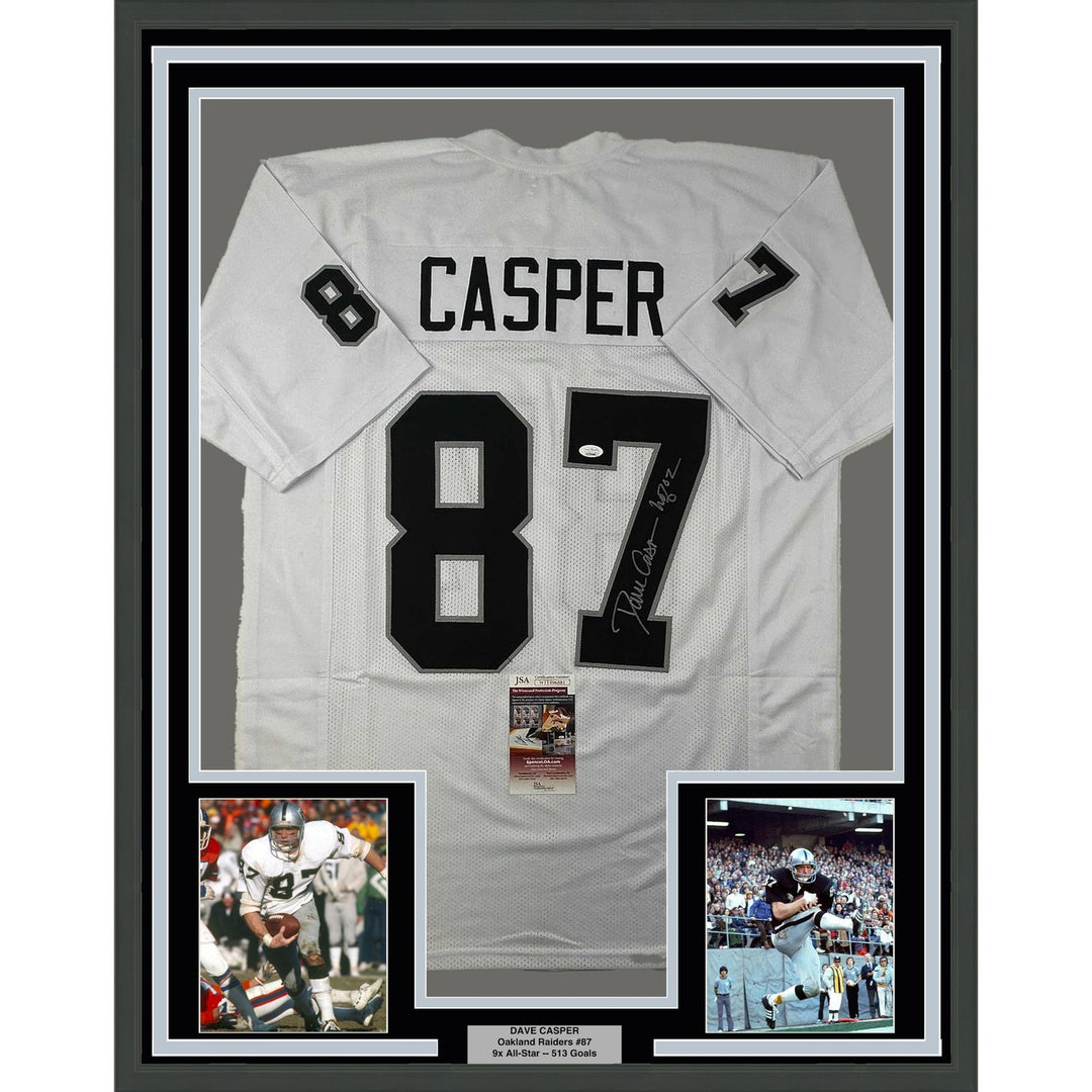 Framed Autographed/Signed Dave Casper 35x39 HOF 02 White Jersey JSA COA