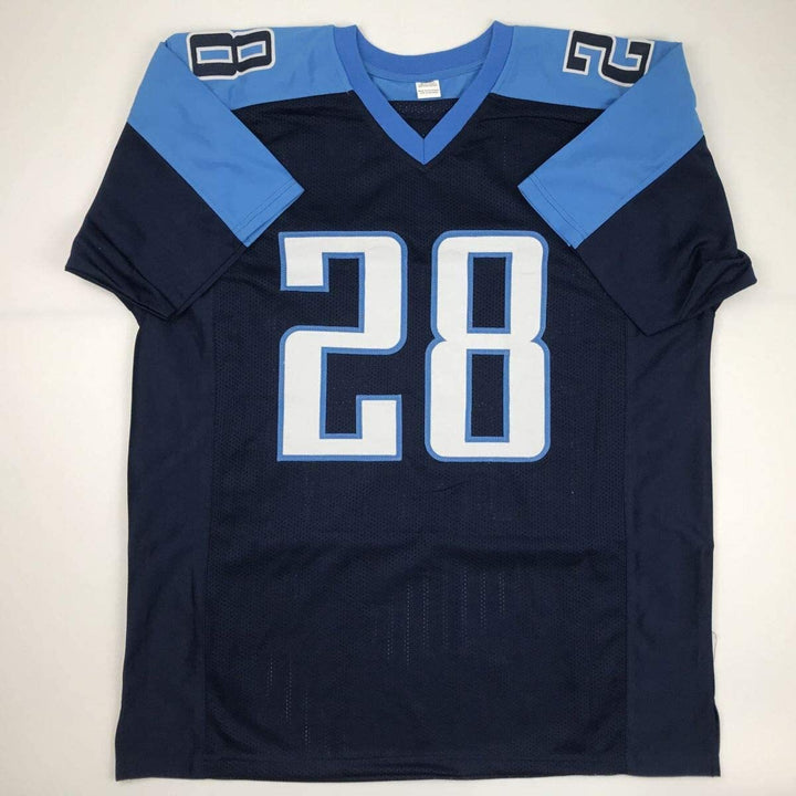 Autographed/Signed CHRIS JOHNSON Tennessee Dark Blue Football Jersey JSA COA