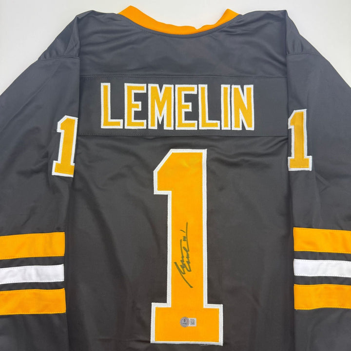 Autographed/Signed Rejean Lemelin Boston Black Hockey Jersey Beckett BAS COA