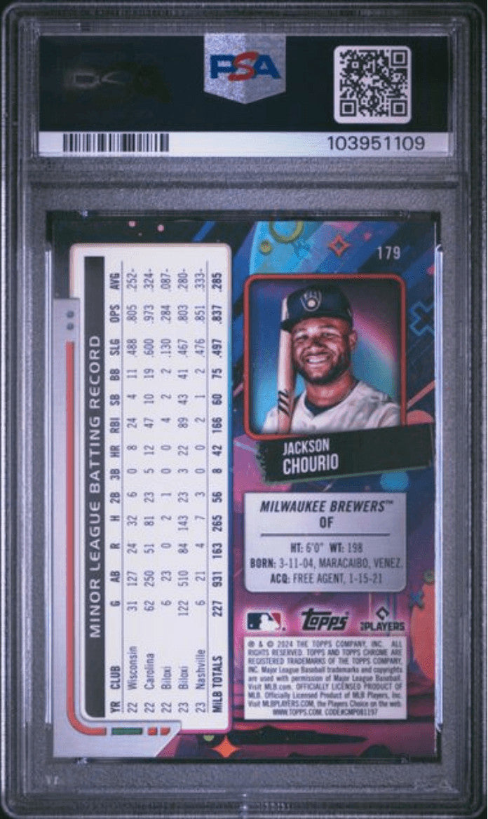 Graded 2024 Topps Cosmic Chrome Jackson Chourio #179 Rookie Card PSA 10