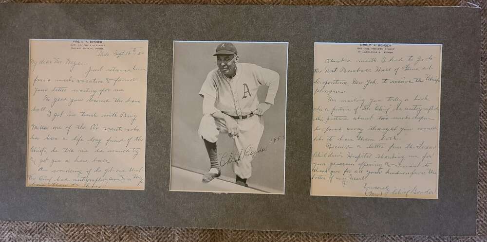 Chief Bender JSA Coa Signed 5x7 Photo Matted With Letter From Wife Autograph