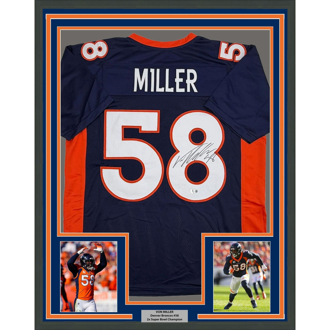 Framed Autographed/Signed Von Miller 35x39 Denver Blue Jersey Beckett COA
