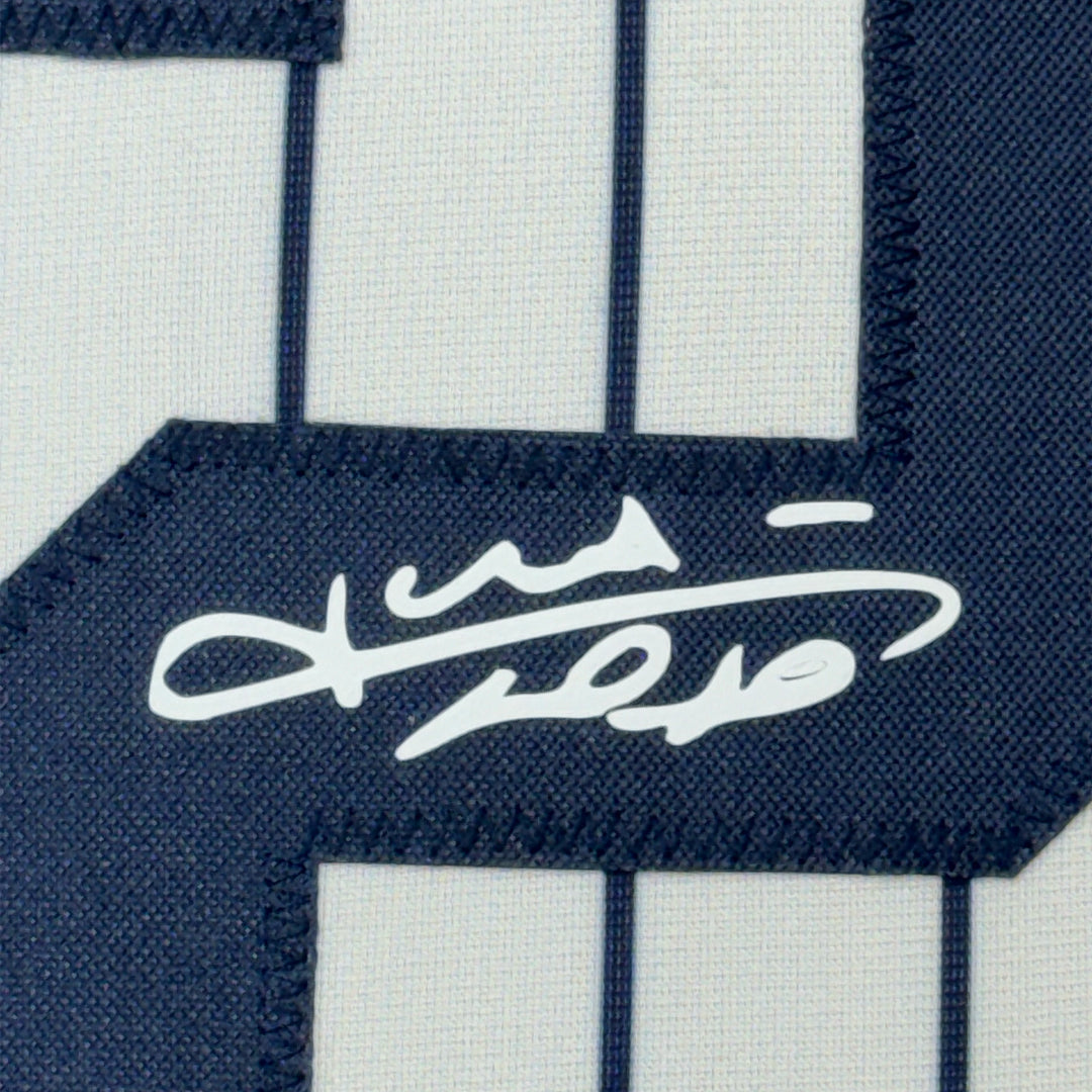 Framed Facsimile Autographed Juan Soto 35x39 New York Pinstripe Reprint Jersey