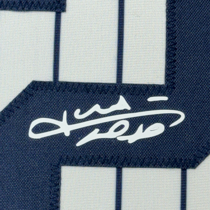Framed Facsimile Autographed Juan Soto 35x39 New York Pinstripe Reprint Jersey