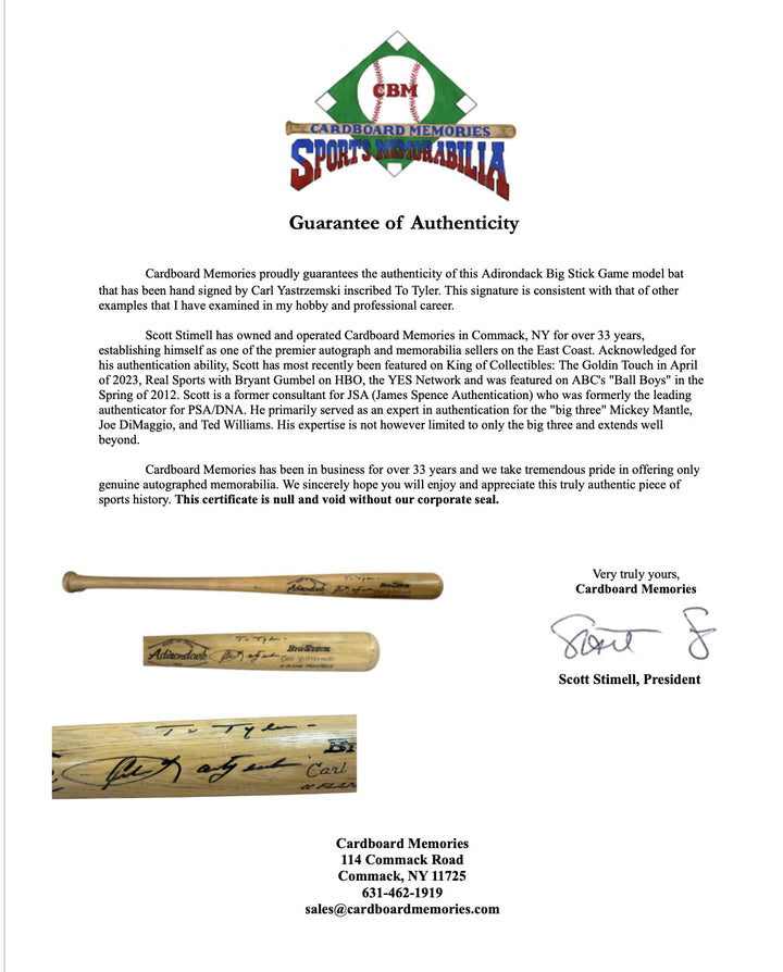 Carl Yastrzemski Signed Adirondack Big Stick Bat To Tyler Auto Hof COA Red Sox