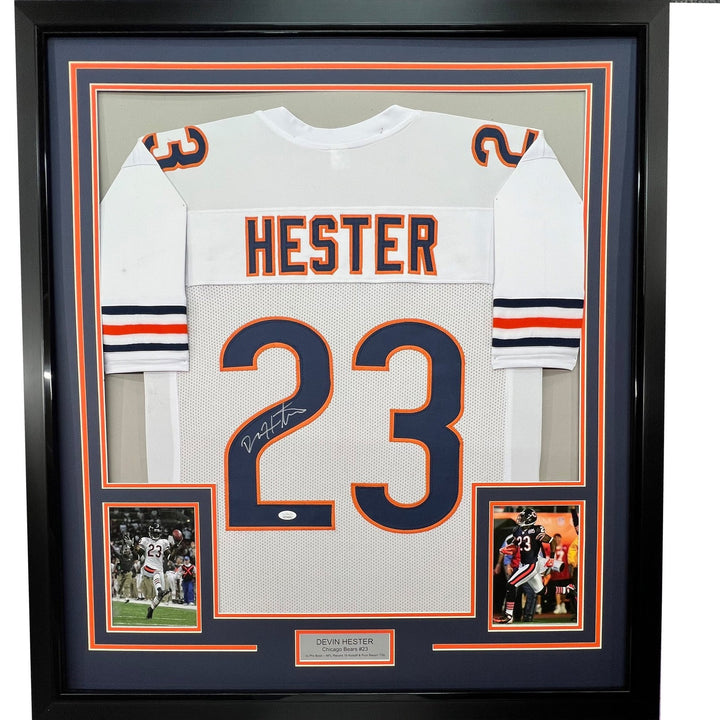 Framed Autographed/Signed Devin Hester 33x42 Chicago White Jersey JSA COA
