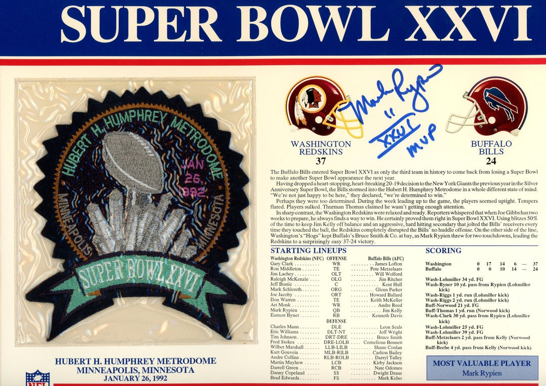Mark Rypien Autographed Washington Redskins SB XXVI Patch Card Beckett 54951