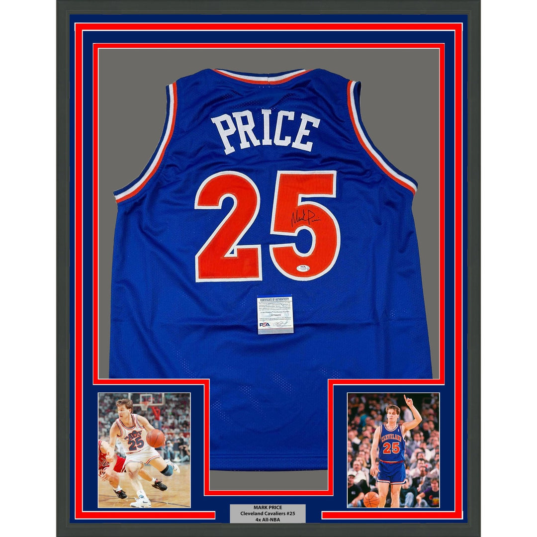 Framed Autographed/Signed Mark Price 35x39 Cleveland Blue Jersey PSA COA