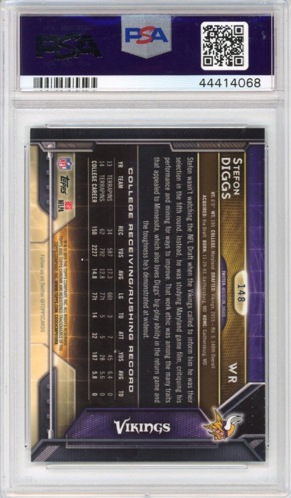 Graded 2015 Topps Chrome Stefon Diggs #148 Rookie RC Football Card PSA 10 Gem Mi
