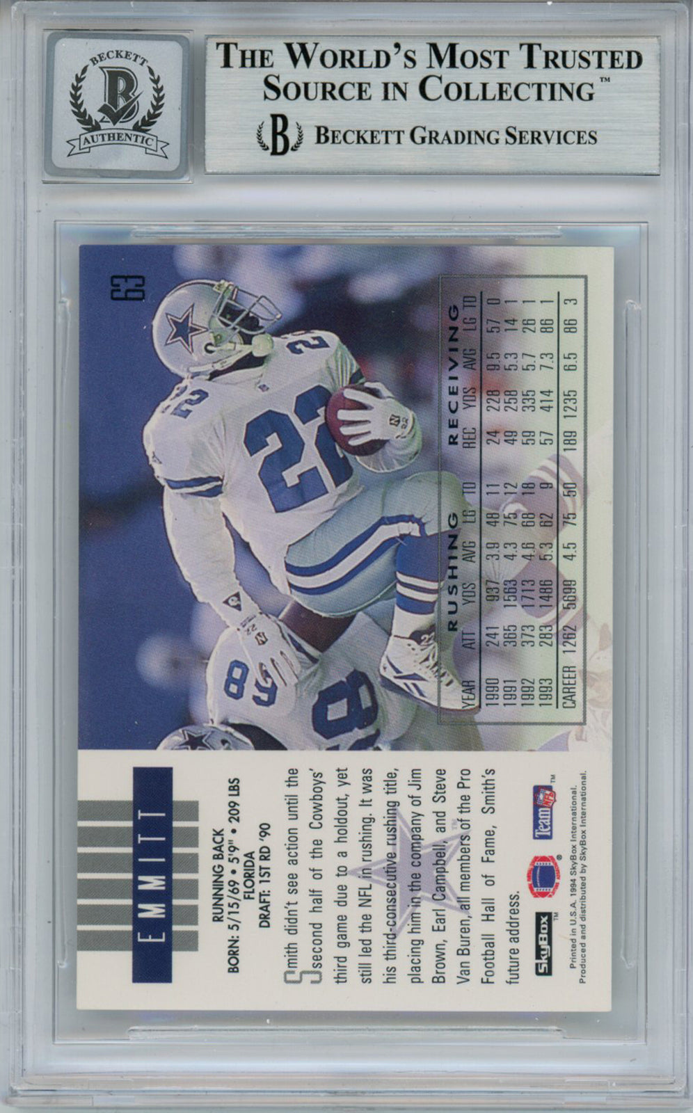 Emmitt Smith Signed 1994 Skybox Impact #63 Trading Card Beckett 10 Slab 35092