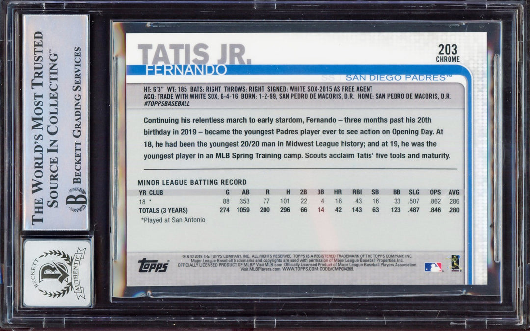 Fernando Tatis Jr. Auto 2019 Topps Chrome RC 203 Padres BGS 8 Auto GM 10 Beckett